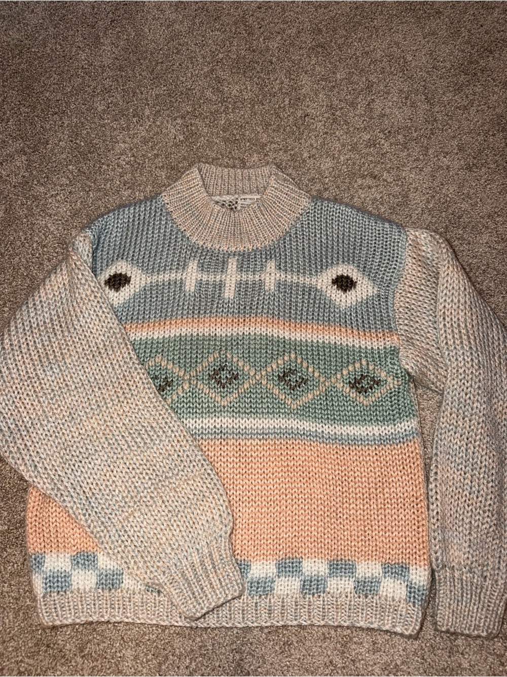 Vintage Knitted By Hand SML Sport Mock Neck Sweater - Soft Blue, Peach & Cream
